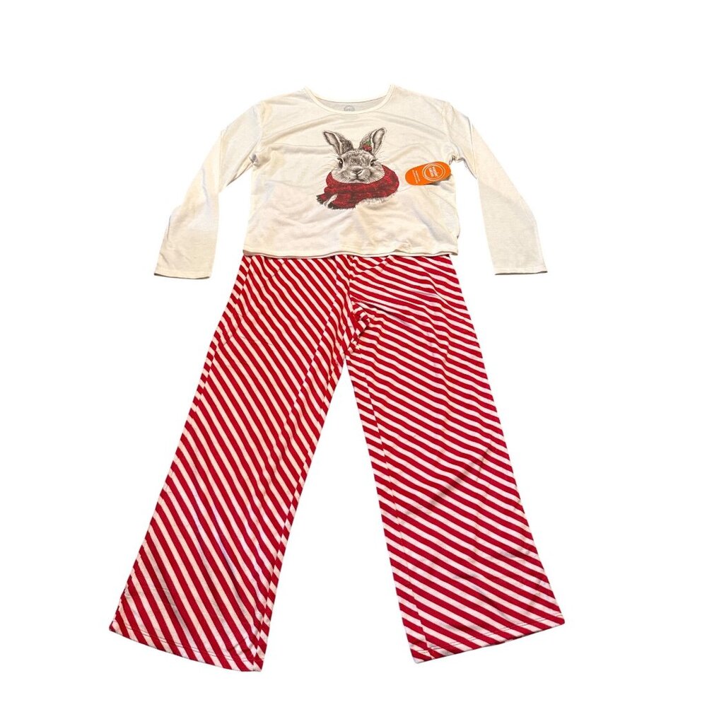 Wonder Nation Girls L (10-12) Christmas Pajama Set With Bunny Top & Striped Pant